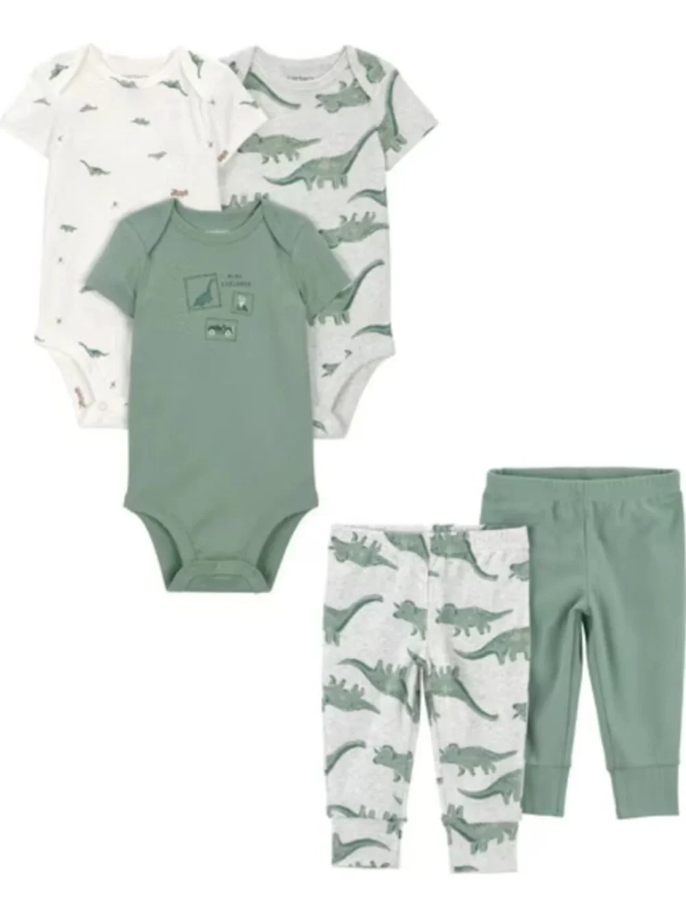 Carter's Child of Mine 5-Piece Cotton Bodysuits & Pants, Green Dinosaur, Preemie